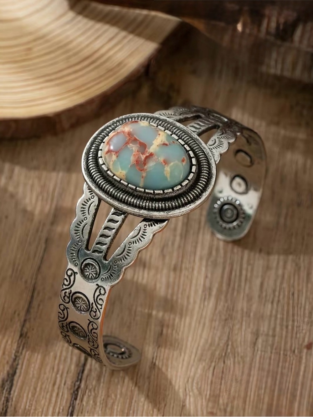 Silver Cuff Bracelet with Turquoise Matrix Stone - Women Jewelry